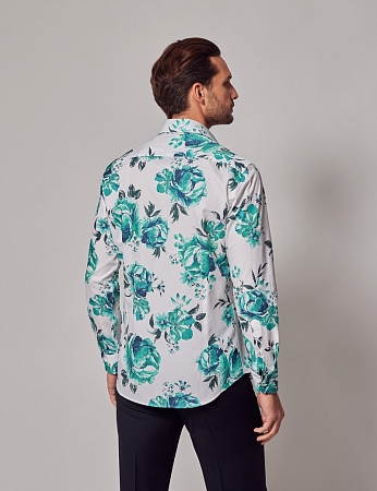 Hawes & Curtis Piccadilly White & Green Floral Diamond Weave Shirt